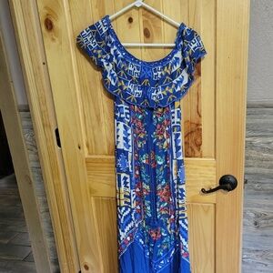 Flying Tomato Women  Maxi Dress Size S Blue Multi Floral Off The-Shoulder Ruffle